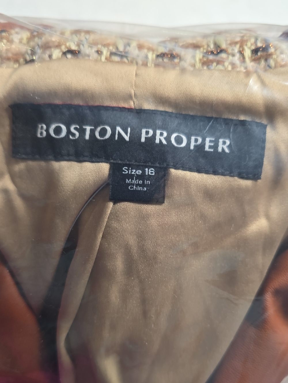 Boston Proper Faux Leather Trim Neutral Tweed Double Breasted Blazer Sz 16 NWT - Picture 6 of 9